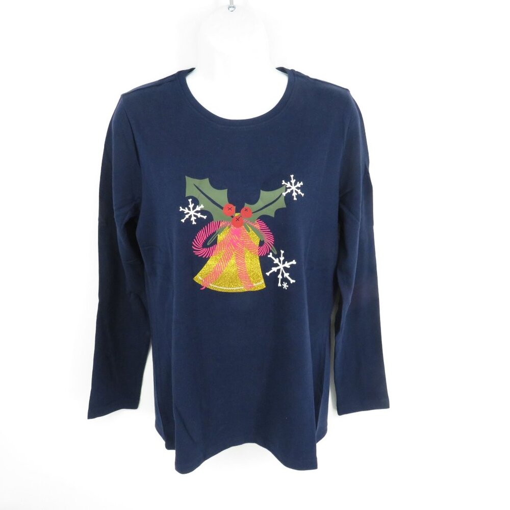 Kim Rogers Long Sleeve Christmas Bell Snowflake Top Navy Petite Med NWT $28